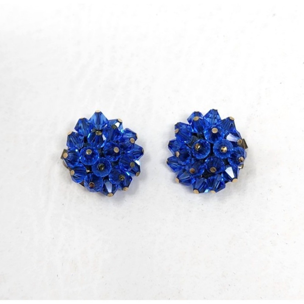 Vintage Royal Blue Faceted Glass Bead Cluster Clip On Earrings Colorful Round